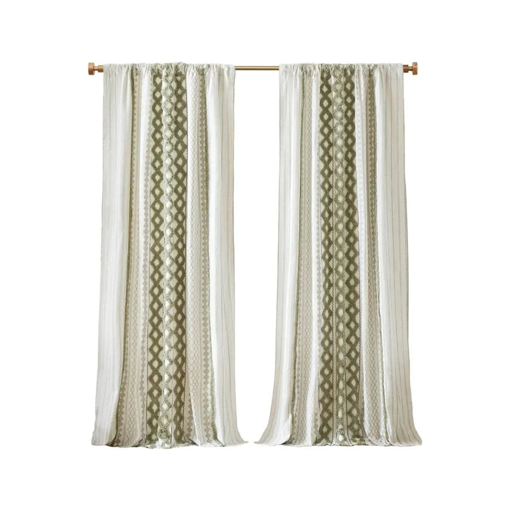 Cotton Curtain Panel 50x95 Inches Printed Chenille Stripe & Lined Green Media 2