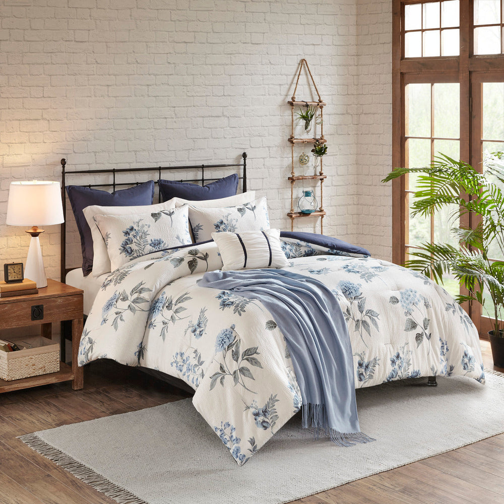 7 Piece Printed Seersucker Comforter Set with Throw Blanket Blue Full/Queen Media 1