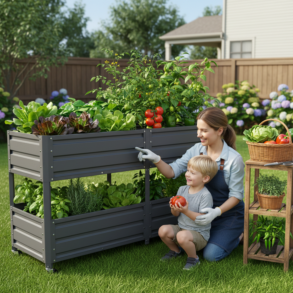 Dual Tier Elevated Metal Raised Garden Bed with Lockable Wheels, Staggered 2-Layer Raised Planter Box for Vegetables Herbs Flowers, Outdoor Patio Backyard Green Planting Bed,Grey Media 11