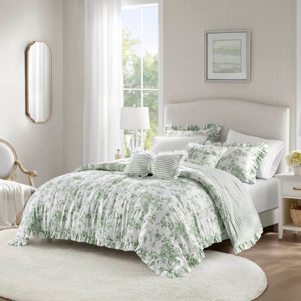 5 Pieces Full/Queen Comforter Set with Decorative Pillows,Green Media 1