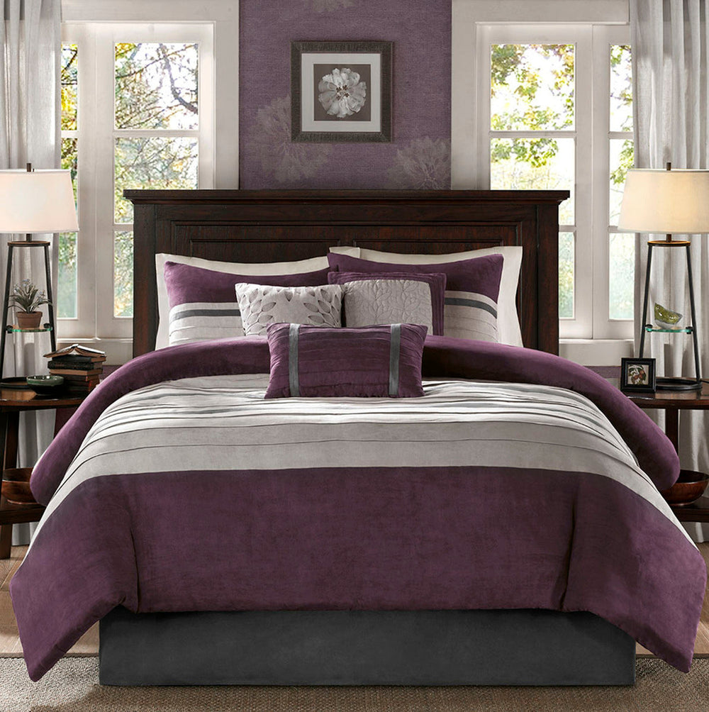 7 PC Pieced Faux Suede Comforter Set Purple Cal King Media 12