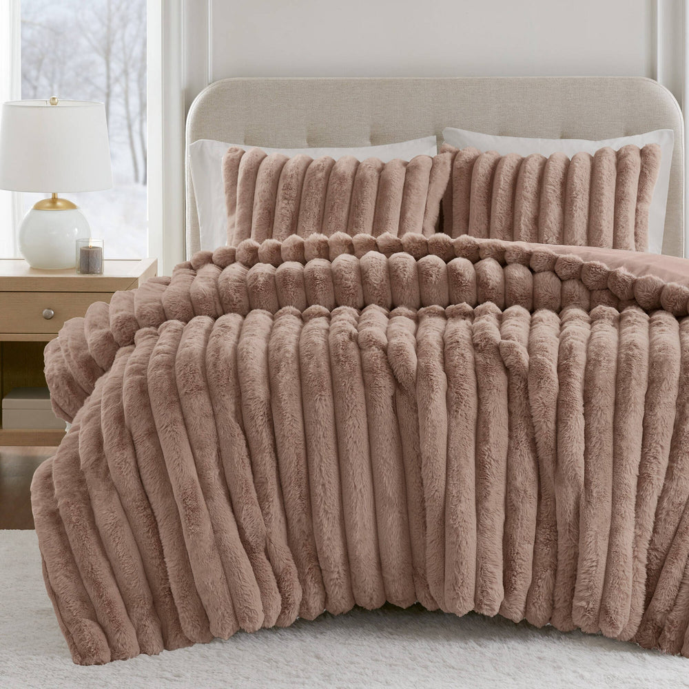 3 Pieces King Ultrasoft Faux Fur Ribbed Comforter Set,Mocha Media 5