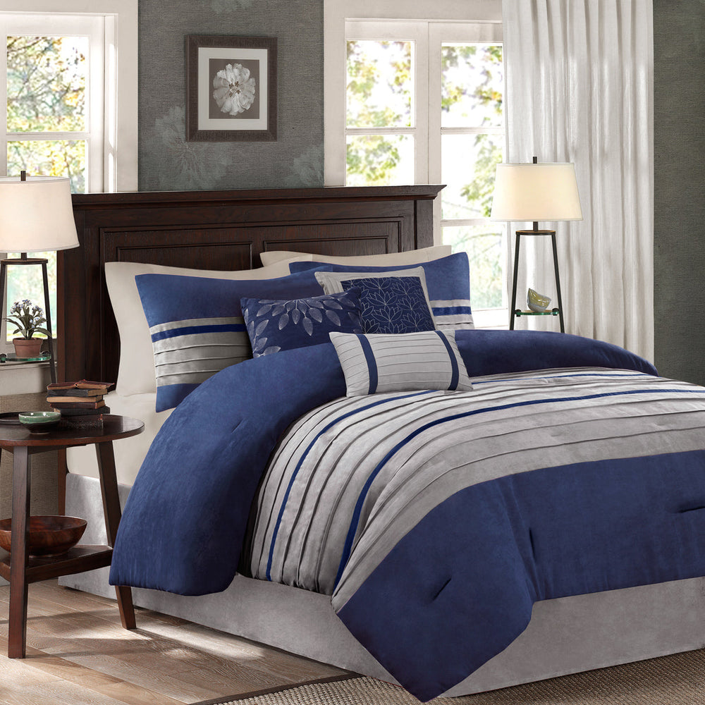 7 PC Pieced Faux Suede Comforter Set Blue Cal King Media 1