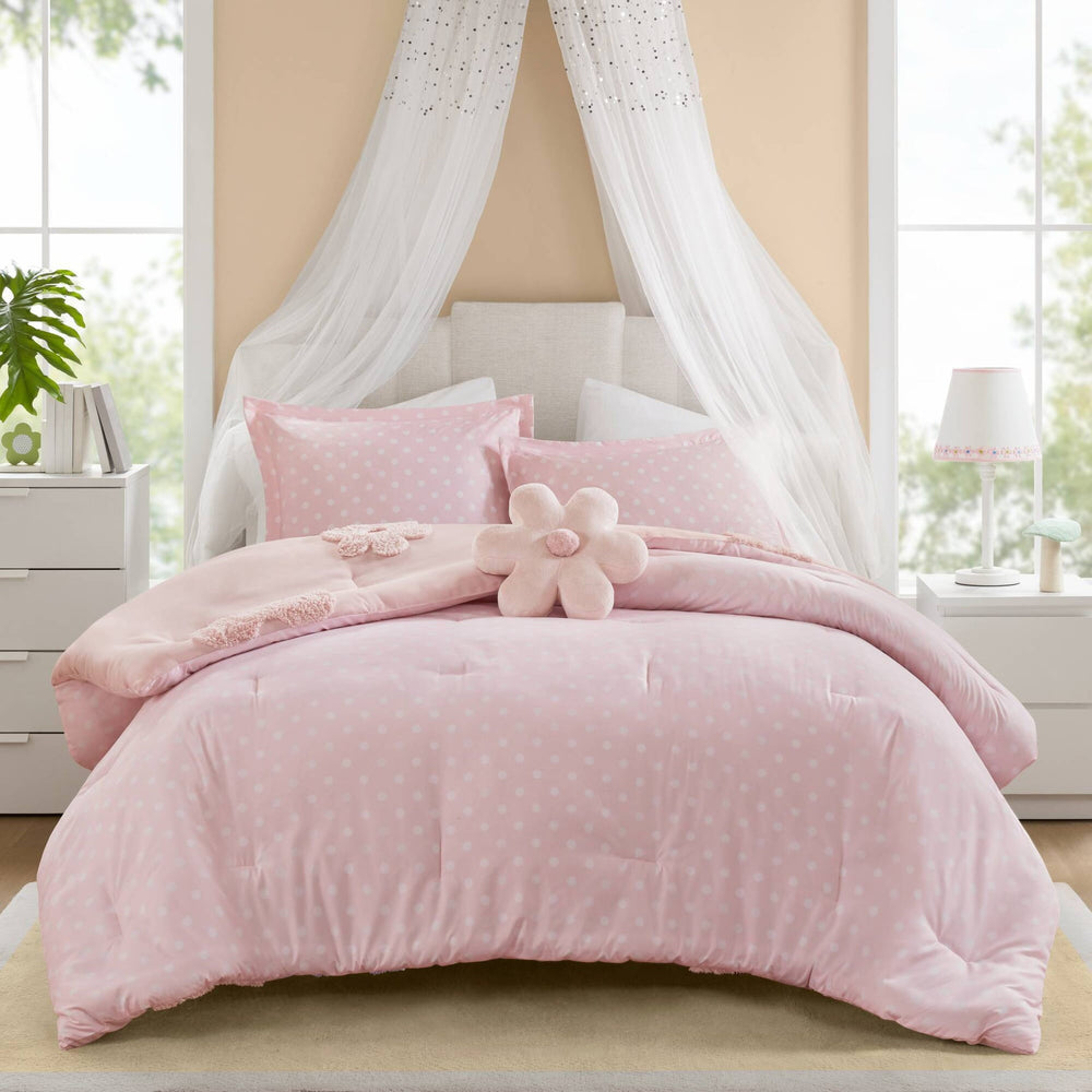 4-Piece Full/Queen Floral Reversible Tufted Chenille Comforter Set with Flower Throw Pillow,Pink Media 18