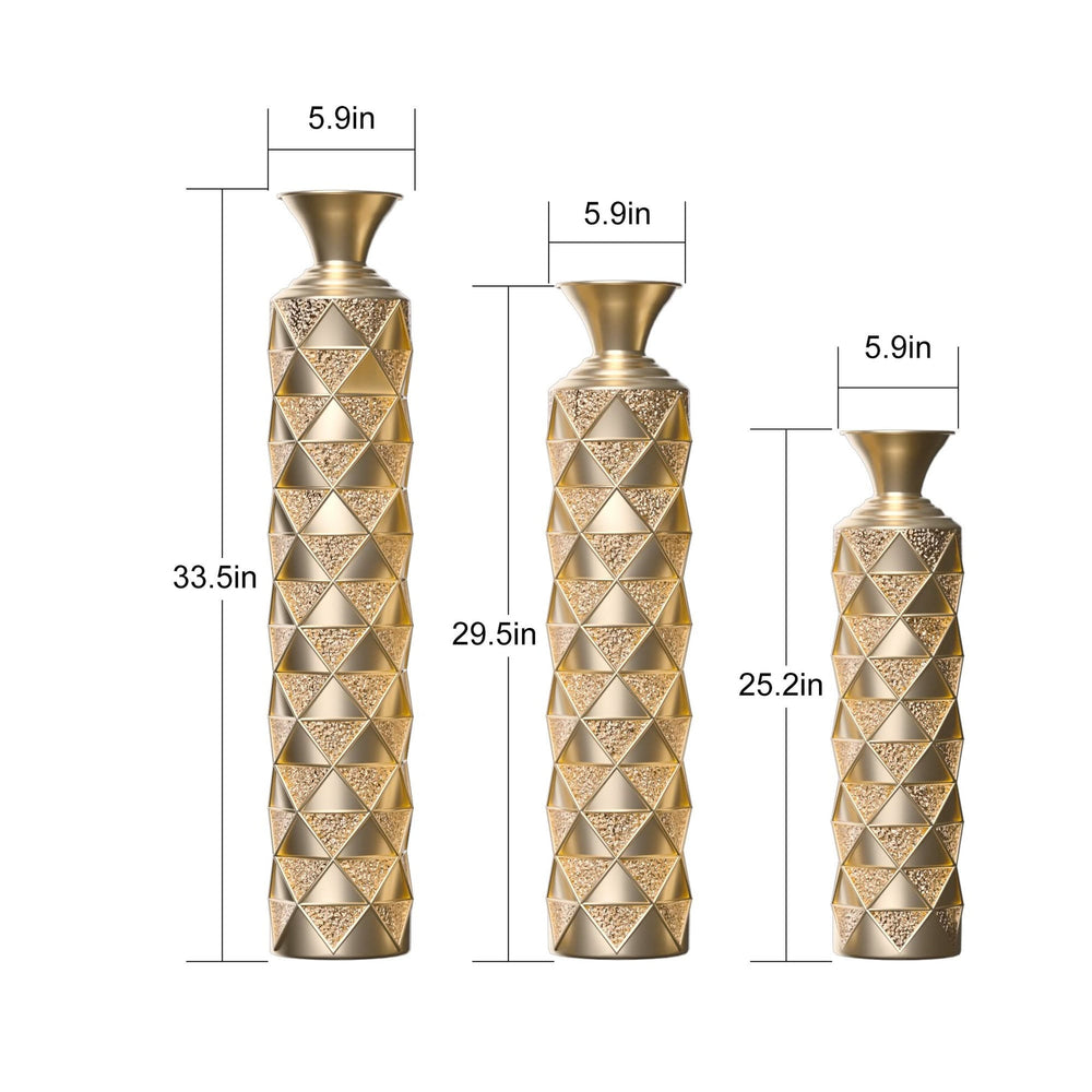 Metal Decorative Vase High Distress Metal Center Vase With 3D Triangle Pattern, Set Of 3 Vases for Home Decoration 33.5', 29.5', 25.2'High, Gold Media 3
