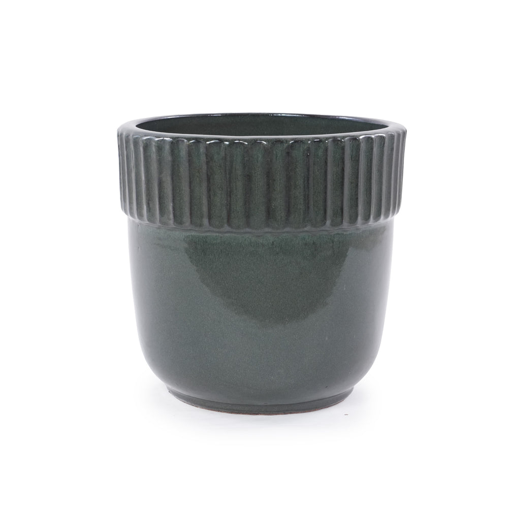 Handmade Ceramic Planter Set of 3, 15/12/9 Inch Diameter, Dark Green Vertical Ribbed Pattern, for Succulents Indoor/Outdoor Use on Windowsill & Bookshelf, Breathable Clay Media 9