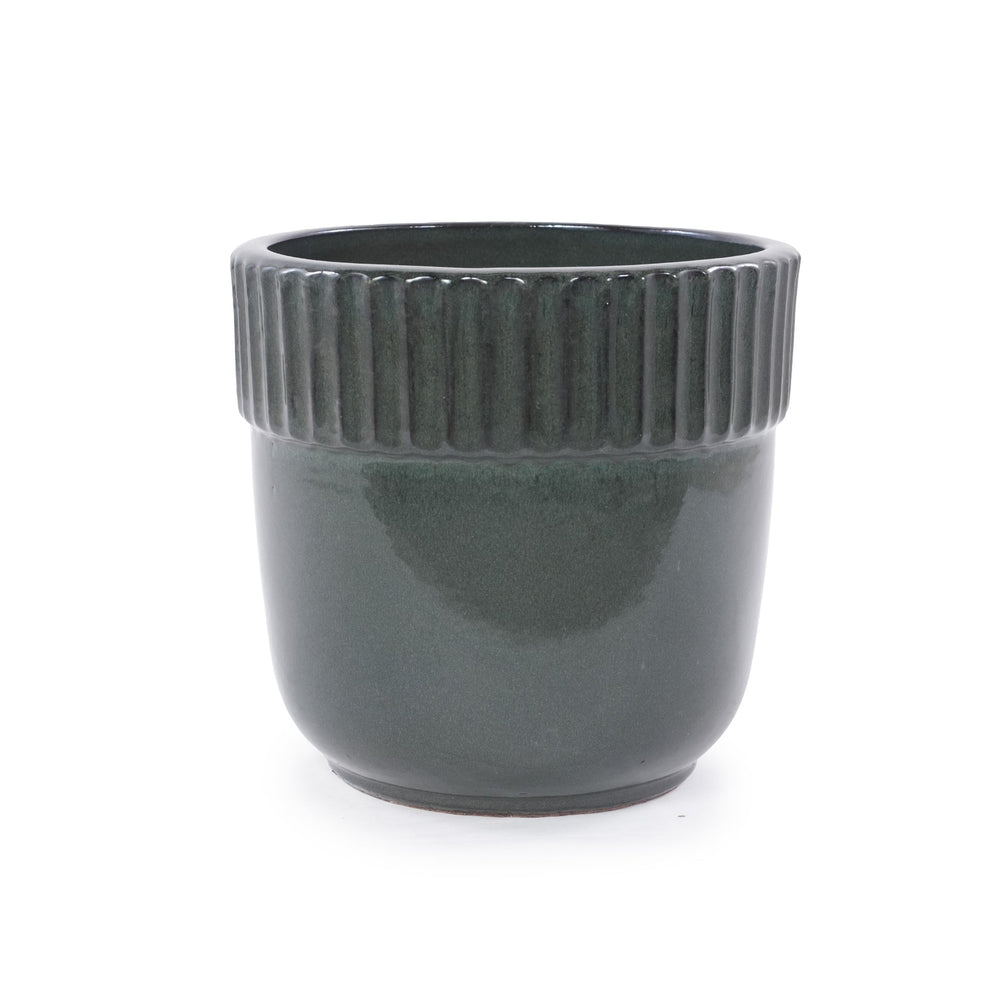 Handmade Ceramic Planter Set of 3, 15/12/9 Inch Diameter, Dark Green Vertical Ribbed Pattern, for Succulents Indoor/Outdoor Use on Windowsill & Bookshelf, Breathable Clay Media 9