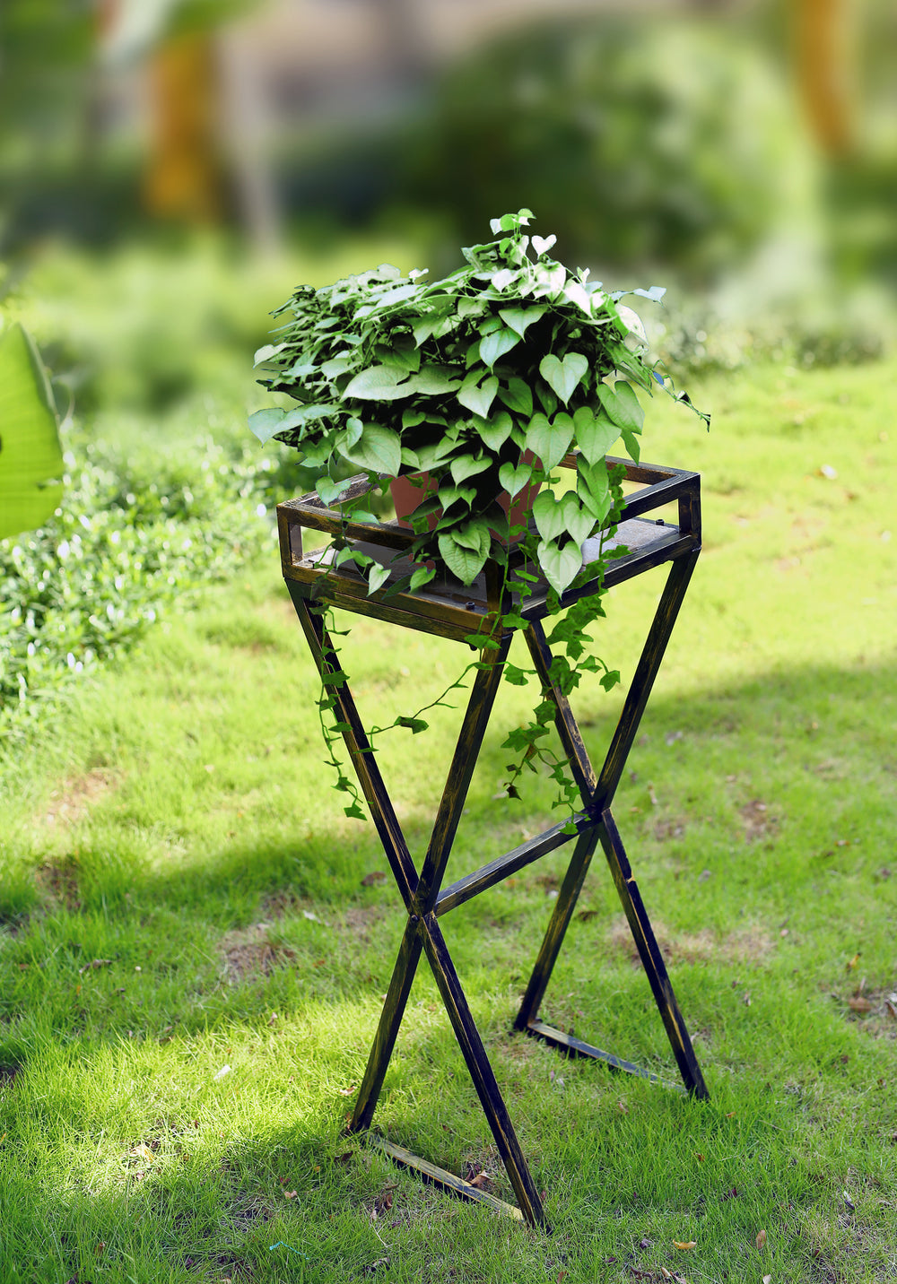 35.5' Gray Stone Slab Black / Gold Metal Plant Stand Media 1