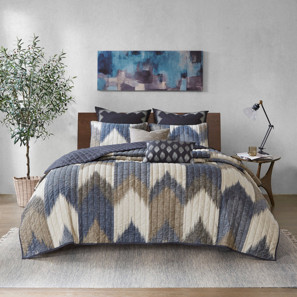 3 Piece Printed Cotton Quilt Set Navy King/Cal King Media 9