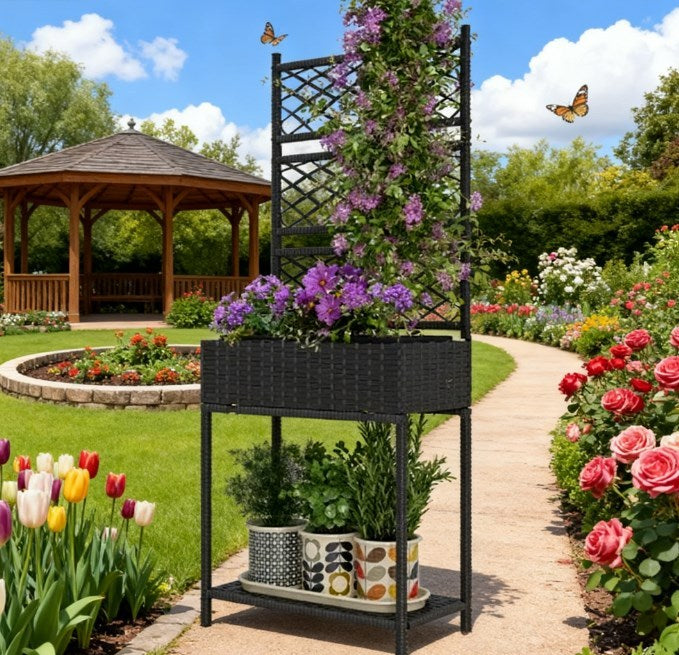 Spacious Freestanding Rattan Garden Box,Outdoor Wicker Planter with Trellis for Climbing Plants,with Storage Shelf Media 1