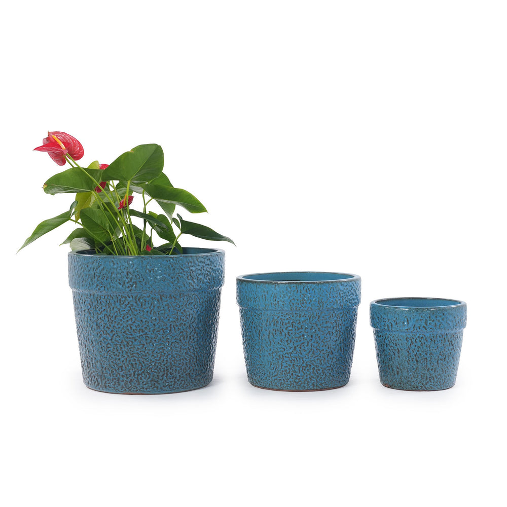 Handmade Ceramic Planter Set of 3, 15/12/9 Inch Diameter, Blue Textured Pattern, for Succulents & Indoor Plants, Windowsill & Bookshelf Use, Breathable Clay Media 3