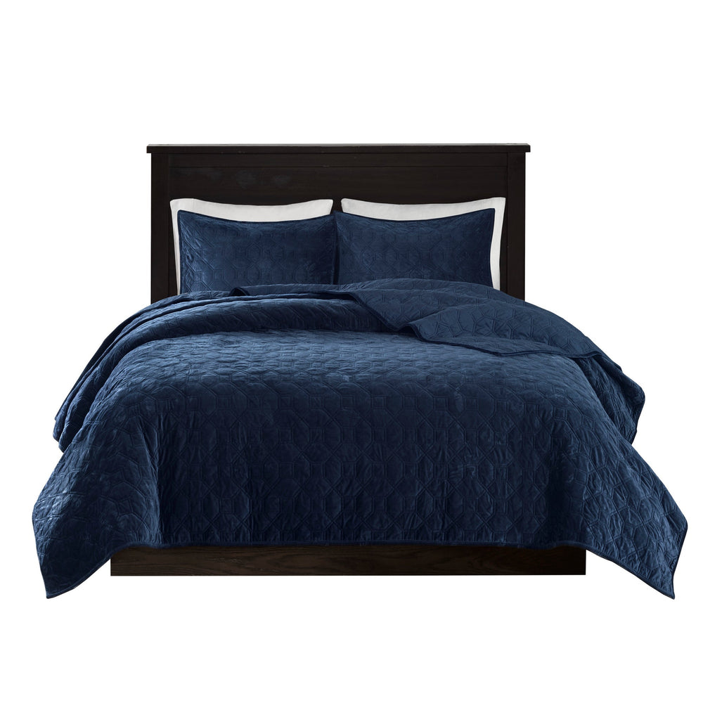 3 Piece Velvet Quilt Set Navy King/Cal King Media 7