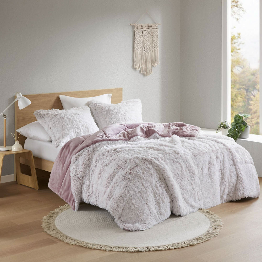 Faux Fur Comforter Shaggy Pink & White King & Cal King 3 Piece Set For Bedroom Decor Soft Media 1