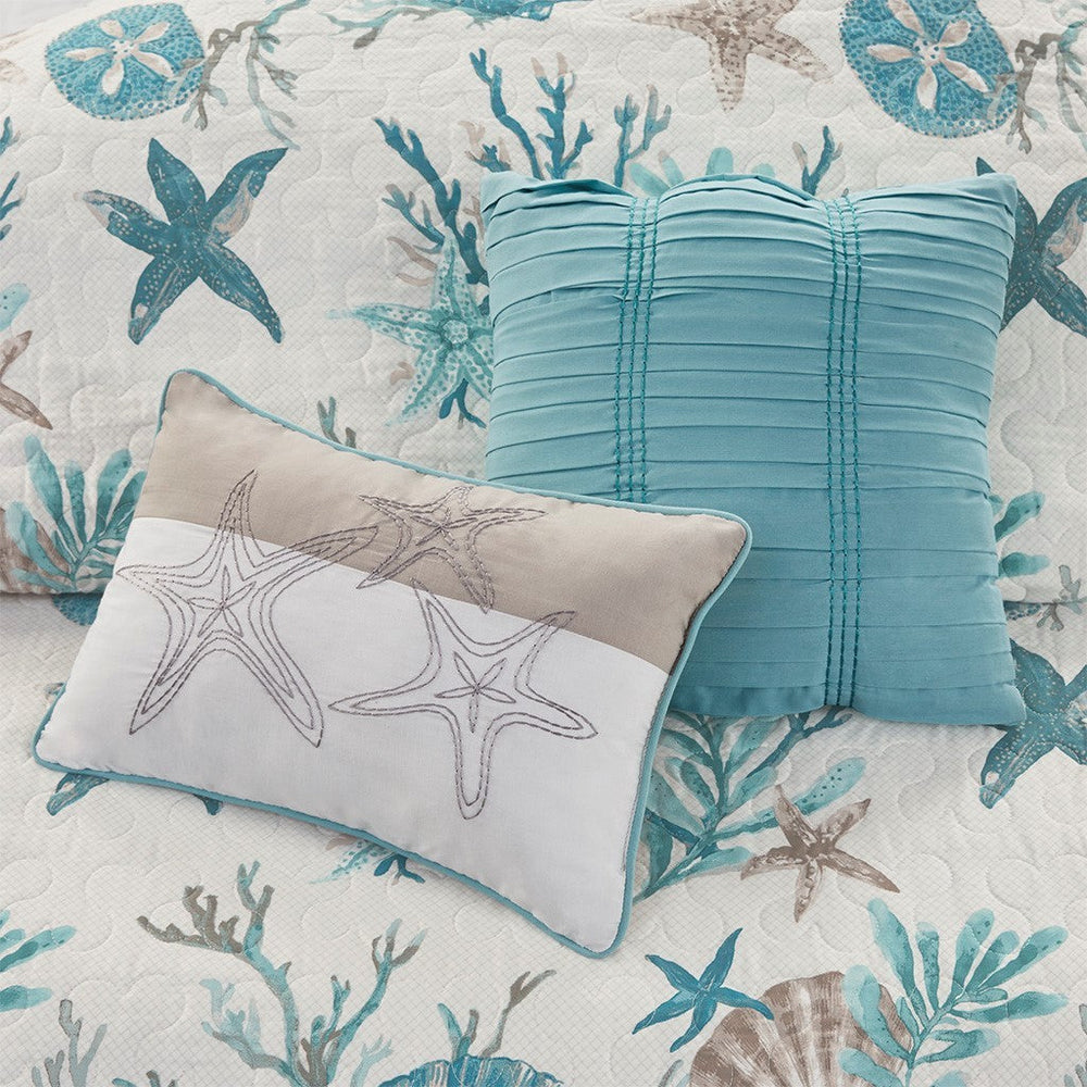 6 Piece Cotton Sateen Quilt Set with Throw Pillows Aqua Full/Queen Media 8