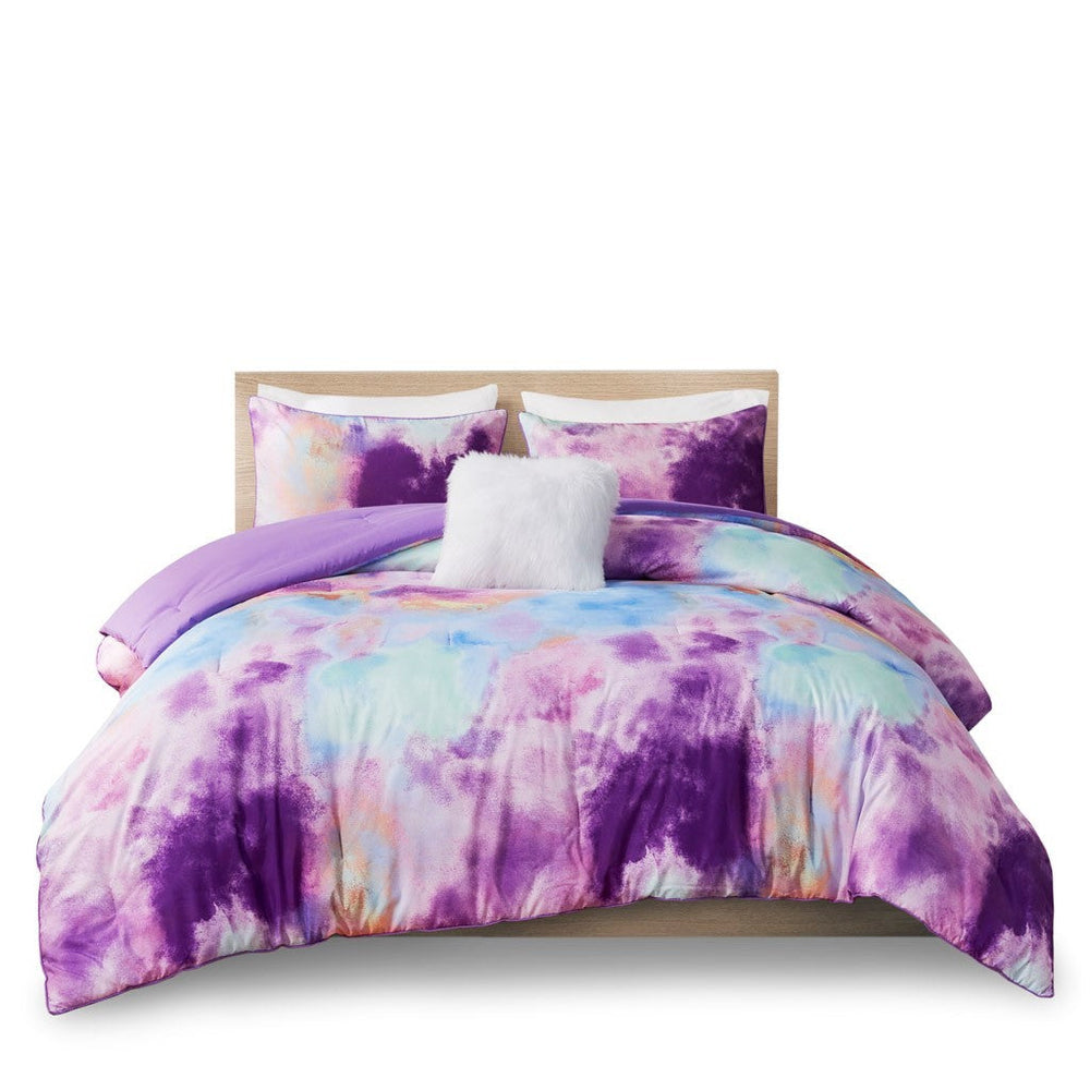 Full/Queen Watercolor Tie Dye Printed Comforter Set with Throw Pillow Media 5