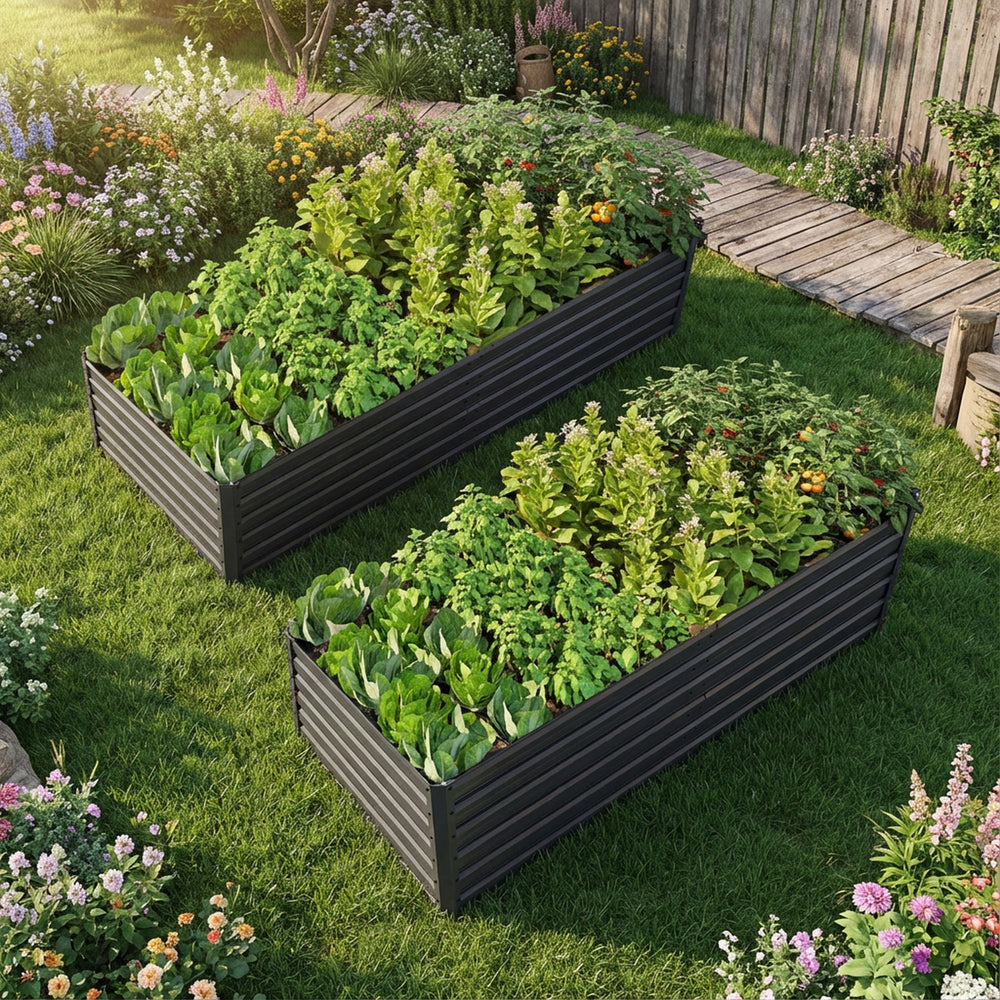 2 Pack Metal Raised Garden Bed Kit Outdoor - 8x4x2 FT Galvanized Planter Boxes Set, Rectangle Vegetable & Flower Beds for Herbs, Fruits, Planting (Black) Media 8