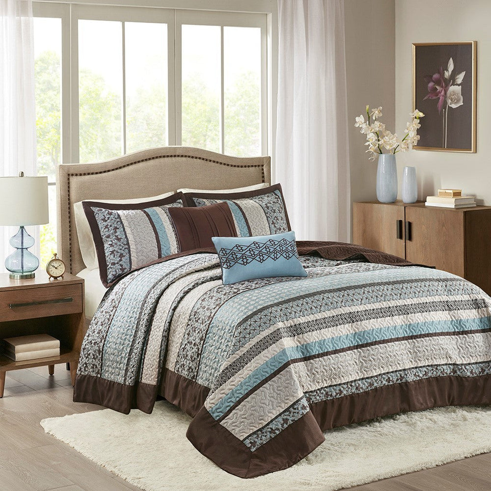 5 Piece Reversible Jacquard Bedspread Set Blue King Media 1
