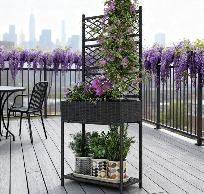 Spacious Freestanding Rattan Garden Box,Outdoor Wicker Planter with Trellis for Climbing Plants,with Storage Shelf Media 6