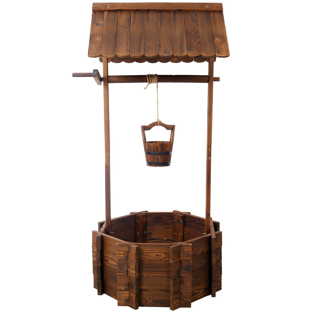Rustic Wooden Wishing Well Planter Outdoor Home Décor for Patio, Garden, Yard w/Hanging Bucket Media 1