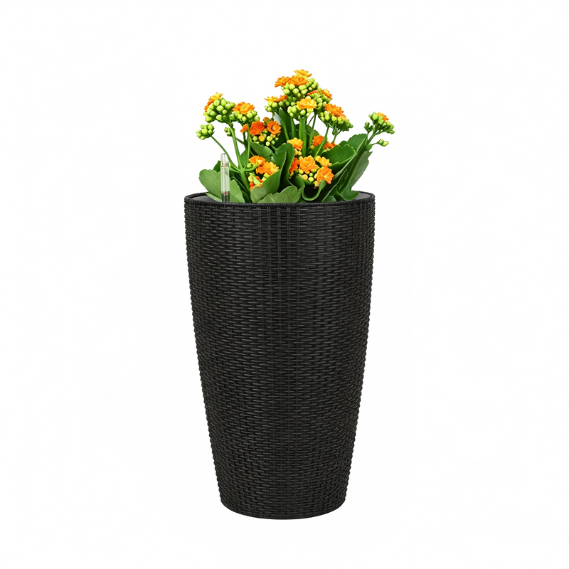 Faux Rattan Tall Planters Set with Water Level Monitor and Auto Watering, Black, Polypropylene, 22 Inch