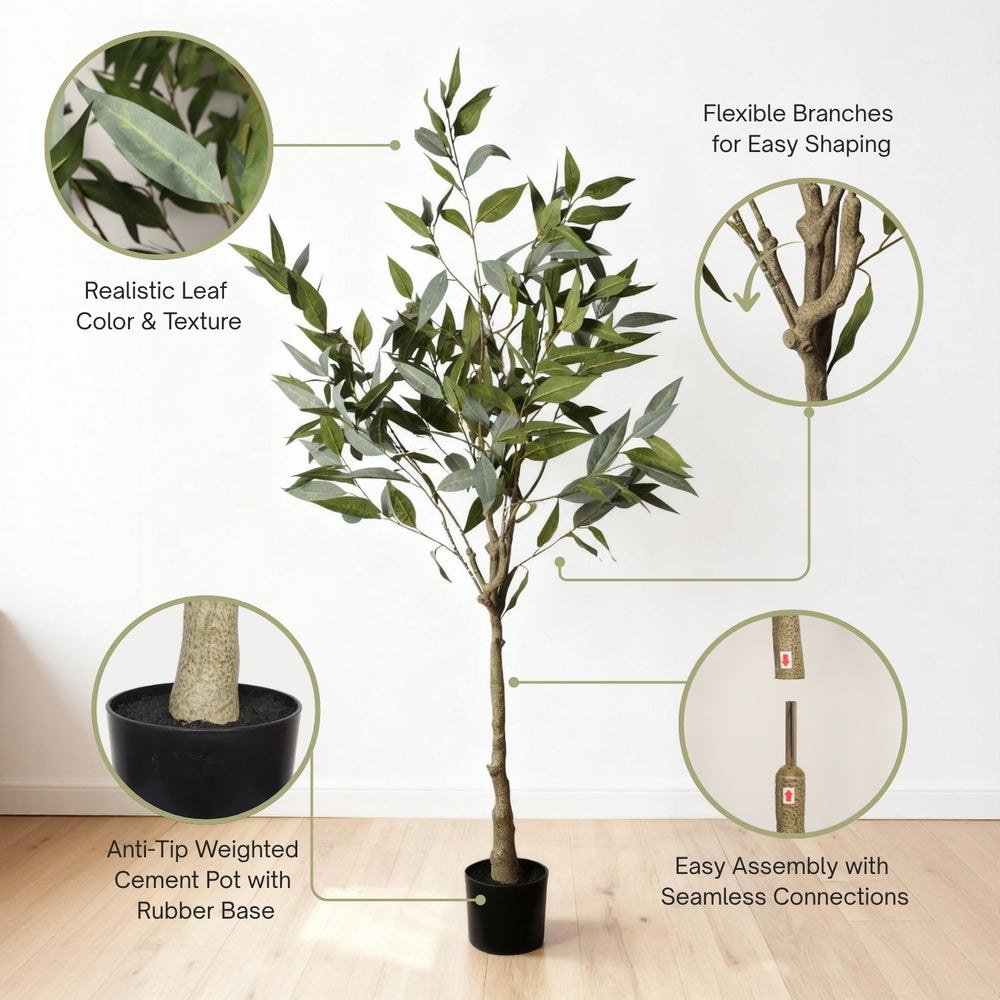 5FT Realistic Artificial Eucalyptus Tree in Black Plastic Pot with Lush Green Fabric Leaves, Indoor Potted Faux Plant for Home Office Decor Media 6