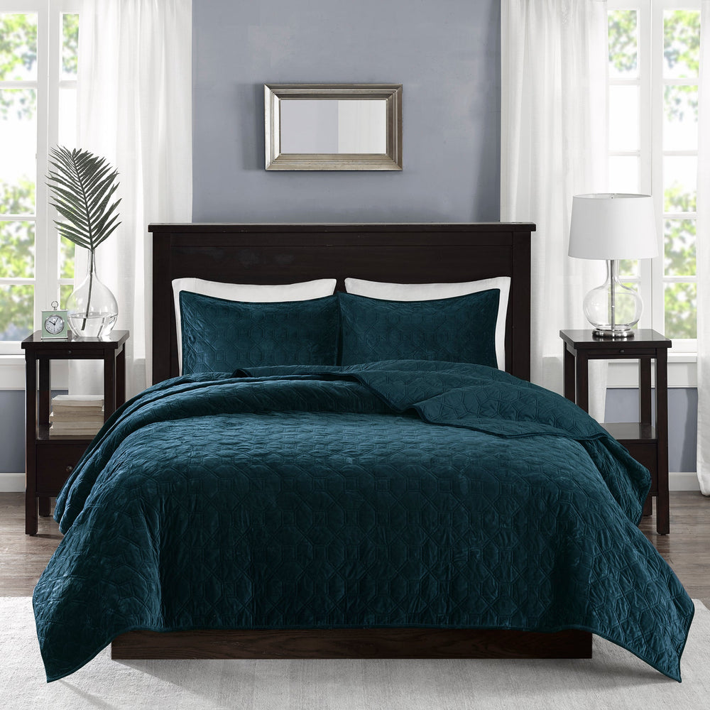 3 Piece Velvet Quilt Set Teal Full/Queen Media 5