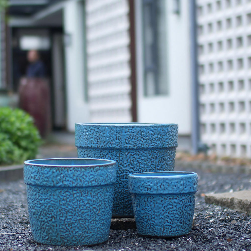 Handmade Ceramic Planter Set of 3, 15/12/9 Inch Diameter, Blue Textured Pattern, for Succulents & Indoor Plants, Windowsill & Bookshelf Use, Breathable Clay Media 1