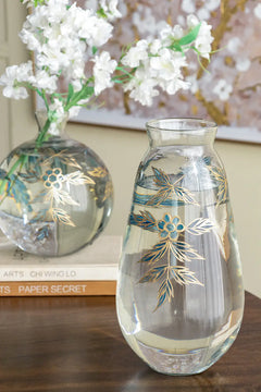 Round Clear Glass Vase with Blue and Gold Botanical Motifs perspective