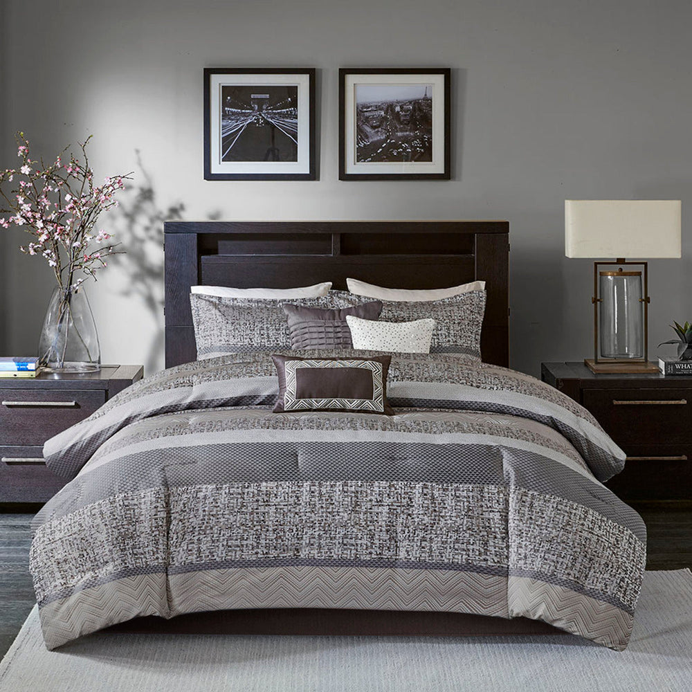 7 Piece Jacquard Comforter Set Grey/Taupe Queen Media 2