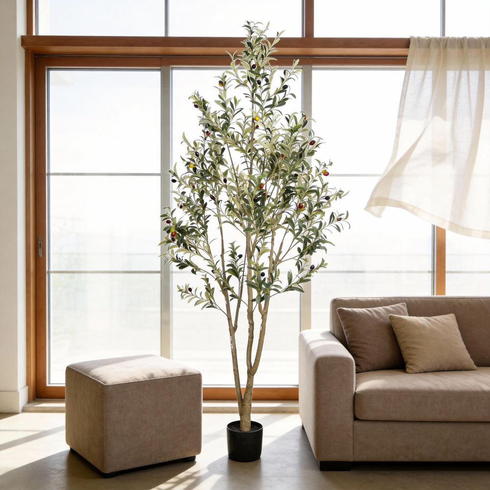 7' Artificial Olive Tree in Black Plastic Pot, 1pc/set Media 1