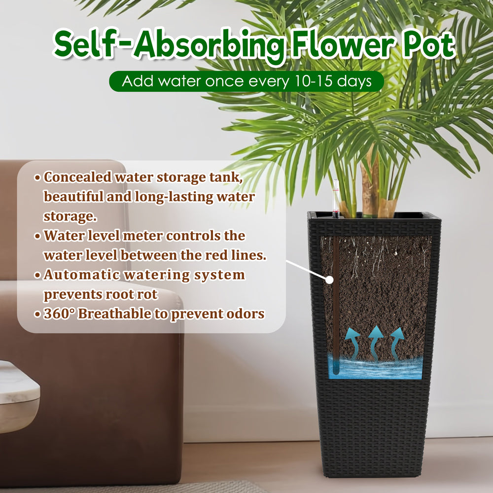 Pack of 2 Square Planter for Garden 22-Inch High Faux Rattan Design Flower Pot with Automatic Watering System for Porch, Patio, Backyard, Makes Keeping Flowers Easier Media 3