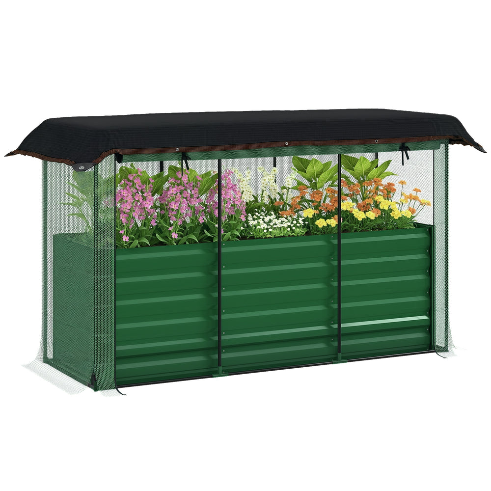 Outsunny Galvanized Raised Garden Bed, Planter Box with Crop Cage and Shade Cloth, Green Media 1
