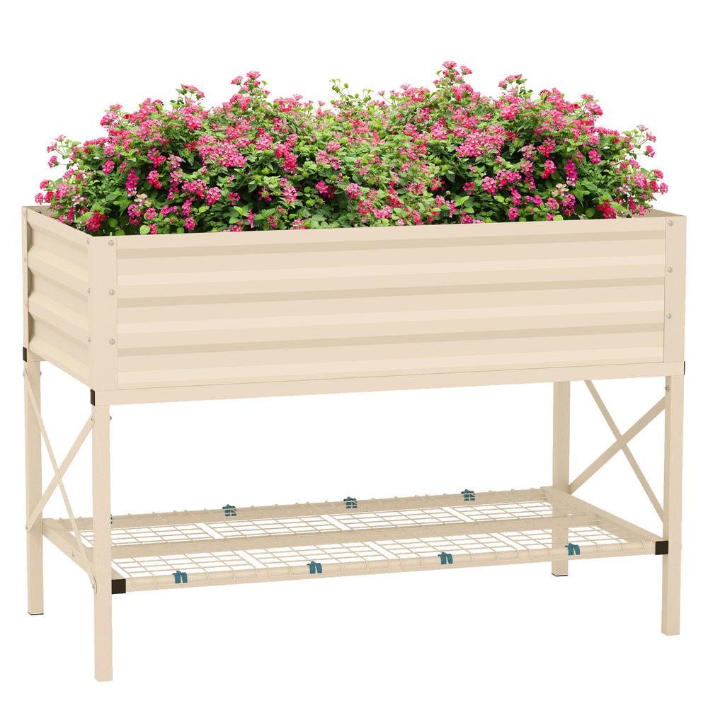 Outsunny Raised Garden Bed with Galvanized Steel Frame, Storage Shelf and Bed Liner, Elevated Planter Box with Legs for Vegetables, Flowers, Herbs, Cream Media 1