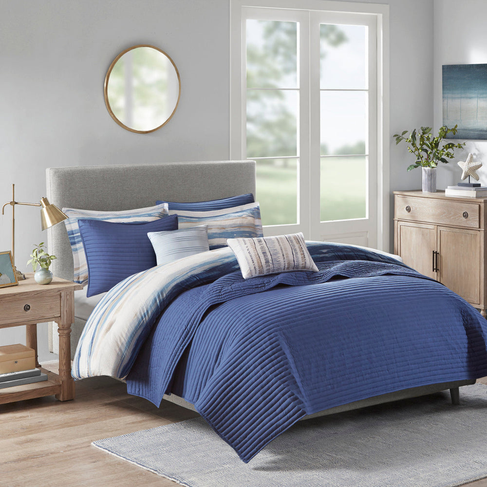 8 Piece Printed Seersucker Comforter and Quilt Set Collection Blue Full/Queen Media 5