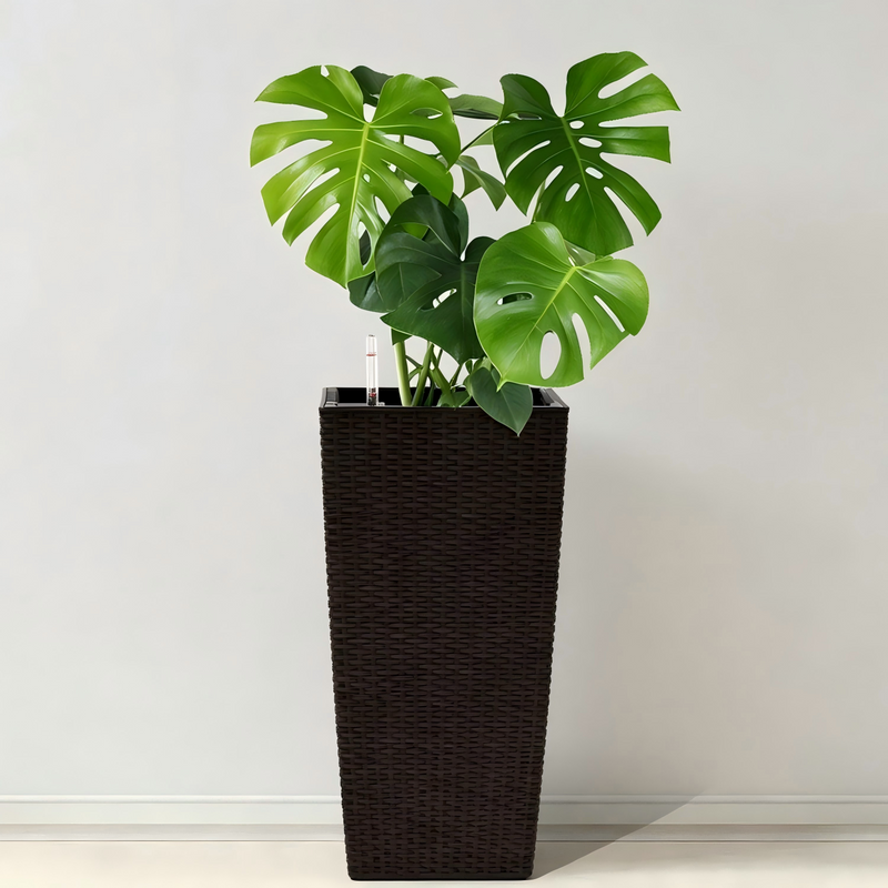 Brown Faux Rattan Indoor Outdoor Planter with Automatic Watering System, 22-Inch High, Pack of 2, Made from Polypropylene