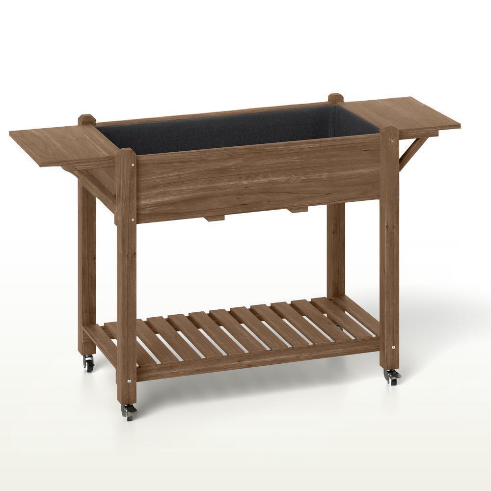 Convenient Elevated Garden Bed,Wood Raised Planter Box,with Lockable Wheels,Side Tables,Bottom Shelf,Drain Holes Media 2