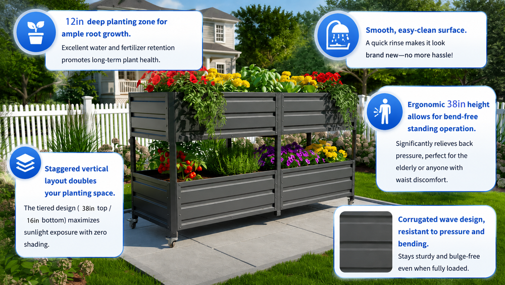 Dual Tier Elevated Metal Raised Garden Bed with Lockable Wheels, Staggered 2-Layer Raised Planter Box for Vegetables Herbs Flowers, Outdoor Patio Backyard Green Planting Bed,Grey Media 18