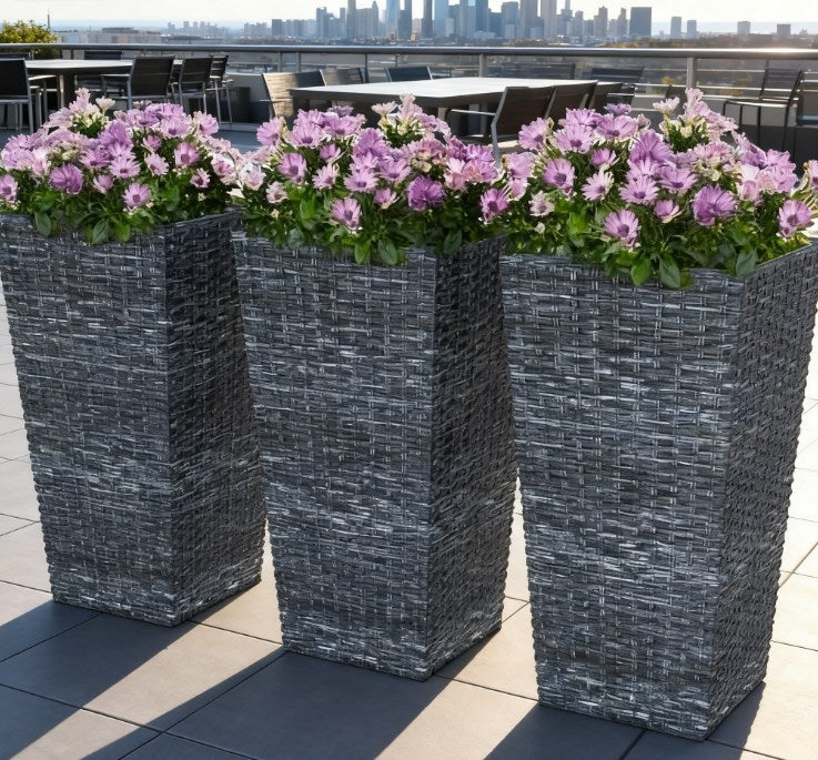 Taper Planters,Tall Planters for Outdoor Plants Set of 3,with Drainage Holes, Rattan Decor Plant Pots for Indoor Outdoor Media 7