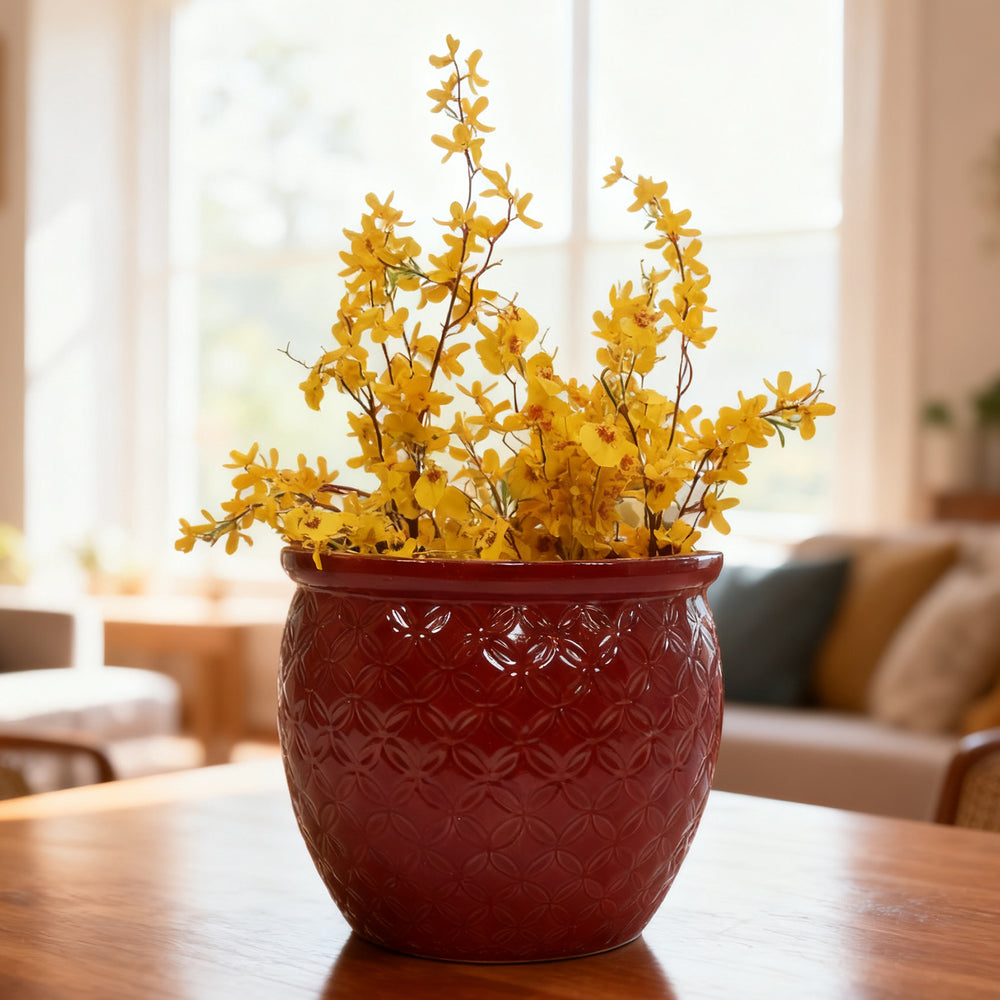 Handmade Ceramic Flower Pot Set of 3, 15/12/10 Inch Diameter, Deep Red with Floral Embossed Pattern, for Orchids Indoor/Outdoor Use on Windowsill & Bookshelf, Breathable Clay Media 15