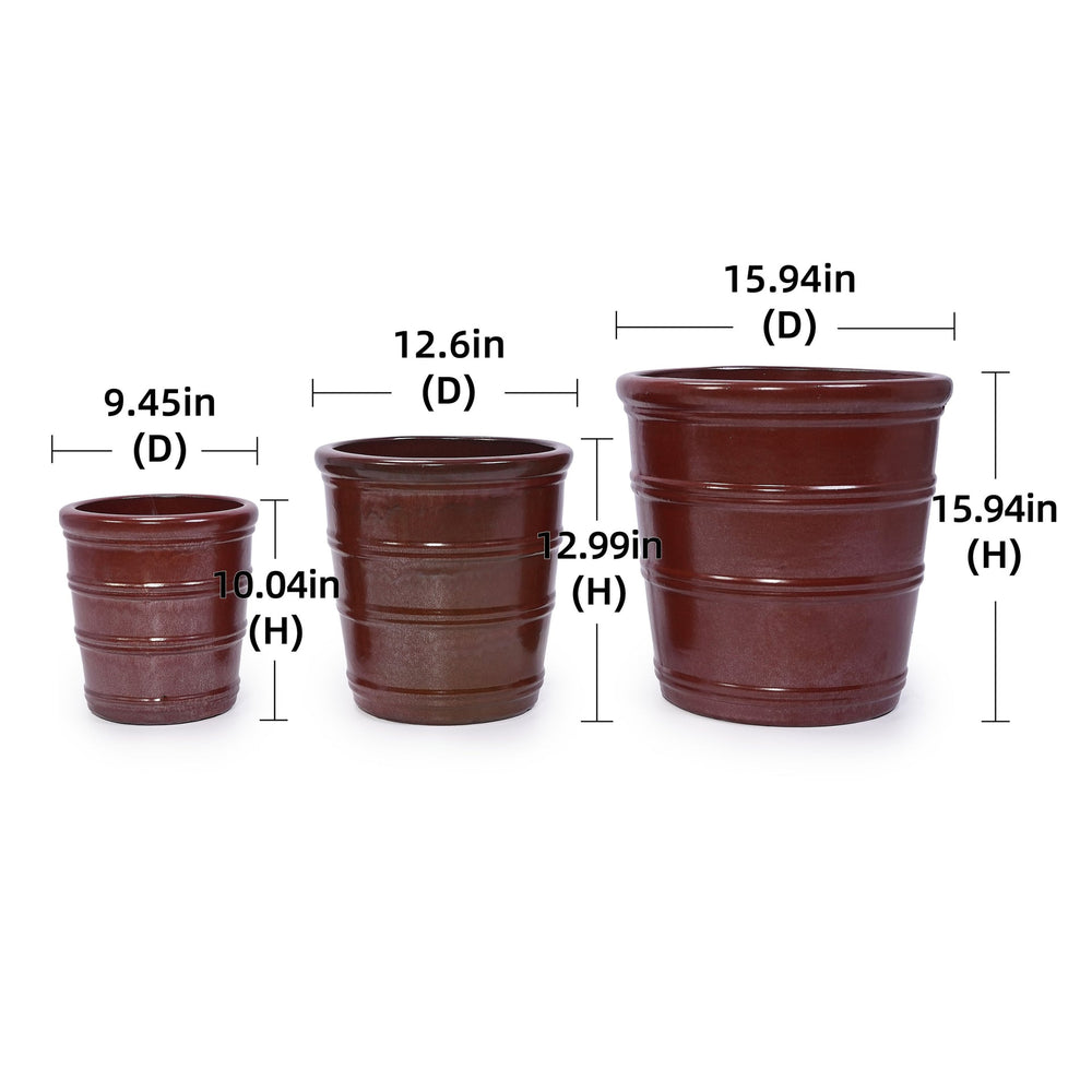 3 Pieces Ceramic Flowerpot, Modern Planter for Patio, Garden or Windowsills - Bean Paste Red Media 3