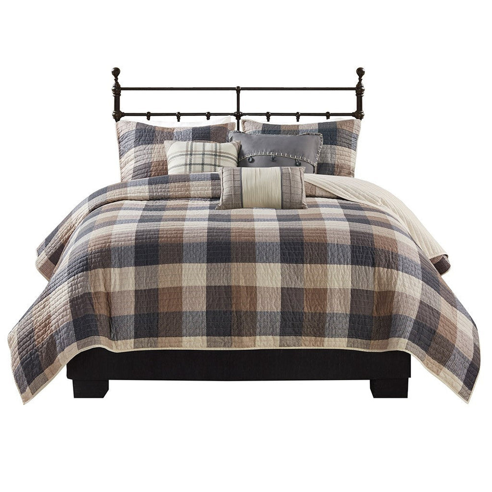 6 Piece Printed Herringbone Quilt Set with Throw Pillows Neutral Full/Queen Media 10