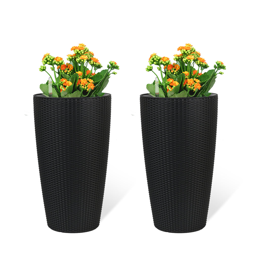 Faux Rattan Tall Planters Set with Water Level Monitor and Auto Watering, Black, Polypropylene, 22 Inch Media 10