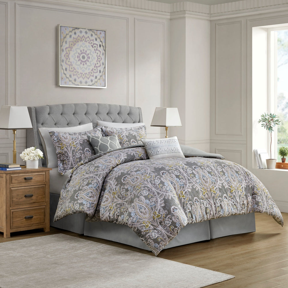 6 Piece Cotton Comforter Set Grey Queen Media 1