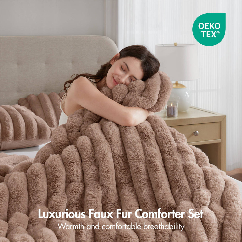 3 Pieces Full/Queen Ultrasoft Faux Fur Ribbed Comforter Set,Mocha Media 16