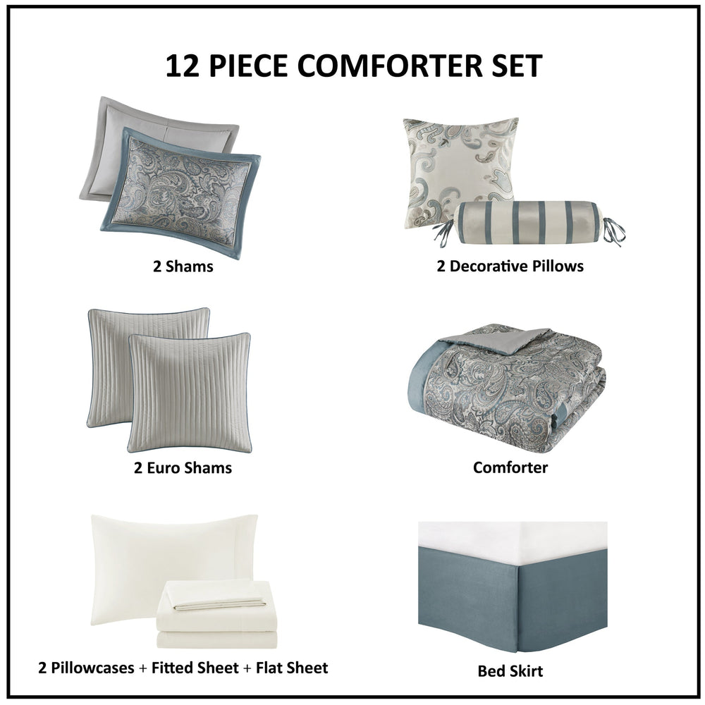 12 Piece Comforter Set with Cotton Bed Sheets Teal King Media 4