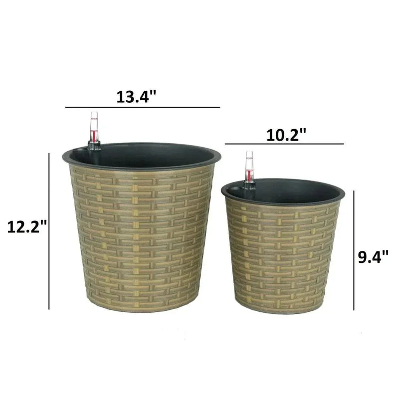 Self-Watering Wicker & Plastic Indoor Outdoor Planters Garden Decor Set