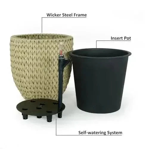 Self-Watering Wicker & Plastic Indoor Outdoor Planters Garden Decor Set