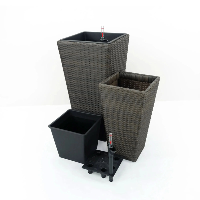 Self-Watering Wicker & Plastic Indoor Outdoor Planters Garden Decor Set