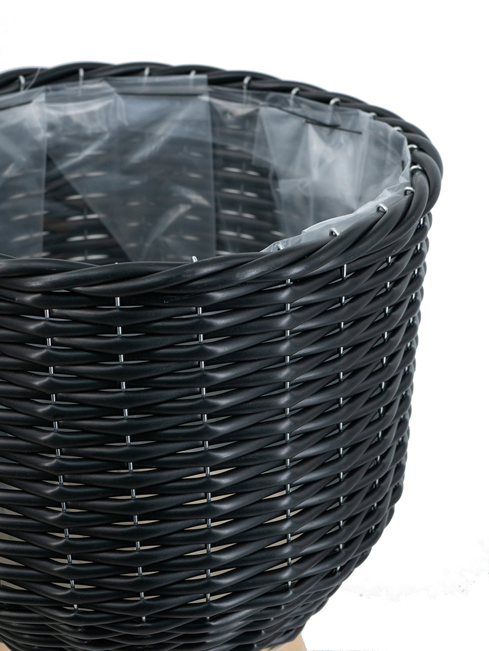 Set of 3 Black Poly Rattan Baskets with Rope Texture and Tapered Wooden Legs, L:12x12x23.5' M:10x10x17.5' S:8x8x13.5' Media 4