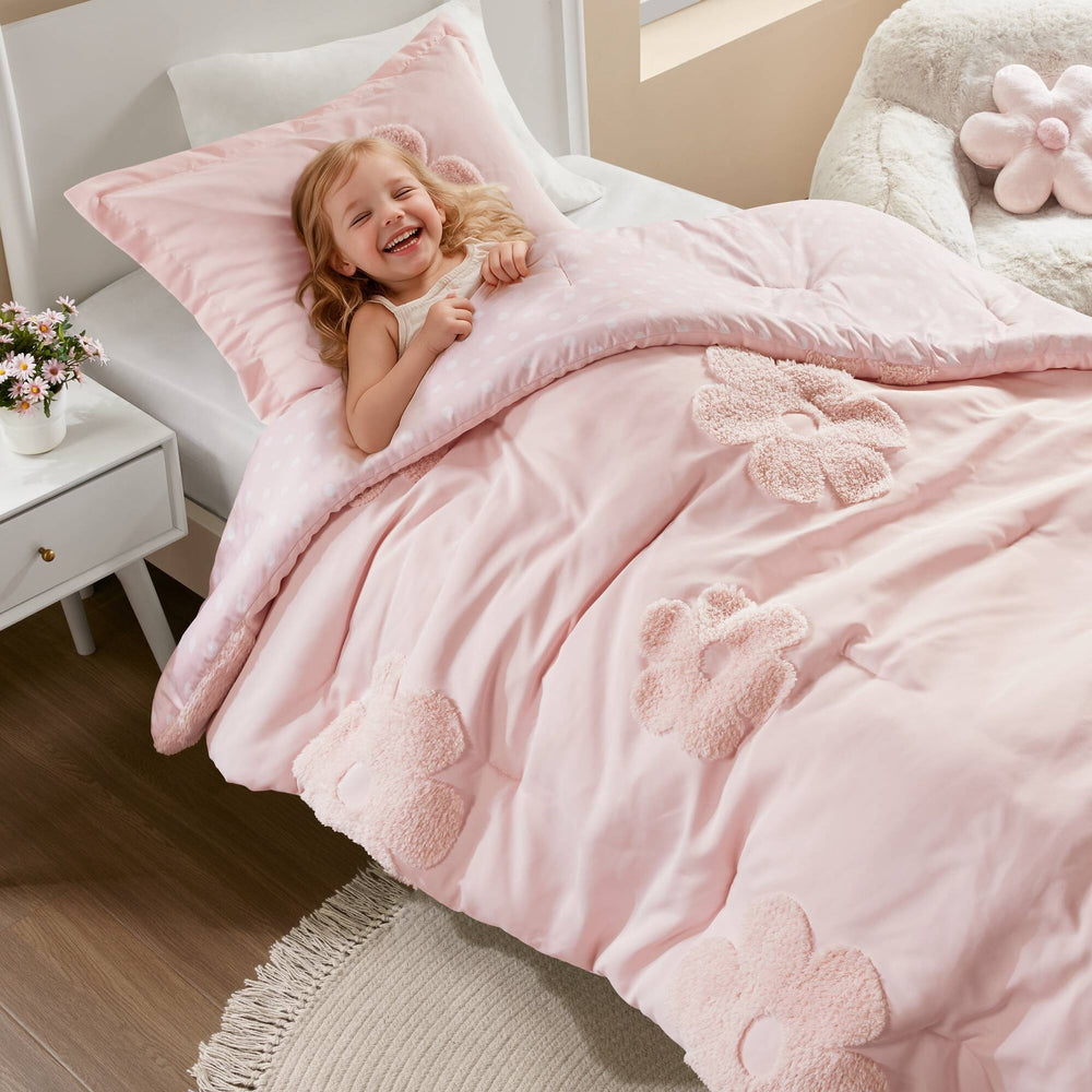 3-Piece Twin Floral Reversible Tufted Chenille Comforter Set with Flower Throw Pillow,Pink Media 6